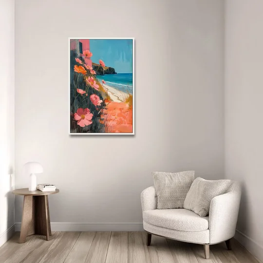 Beach Painting with Pink Cosmos Flowers - White Framed Canvas Wall Art - Sofa - 24x36