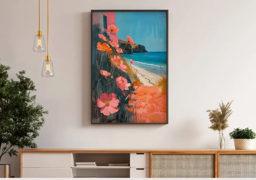 Beach Painting with Pink Cosmos Flowers canvas wall art above a wooden sideboard under pendant lights