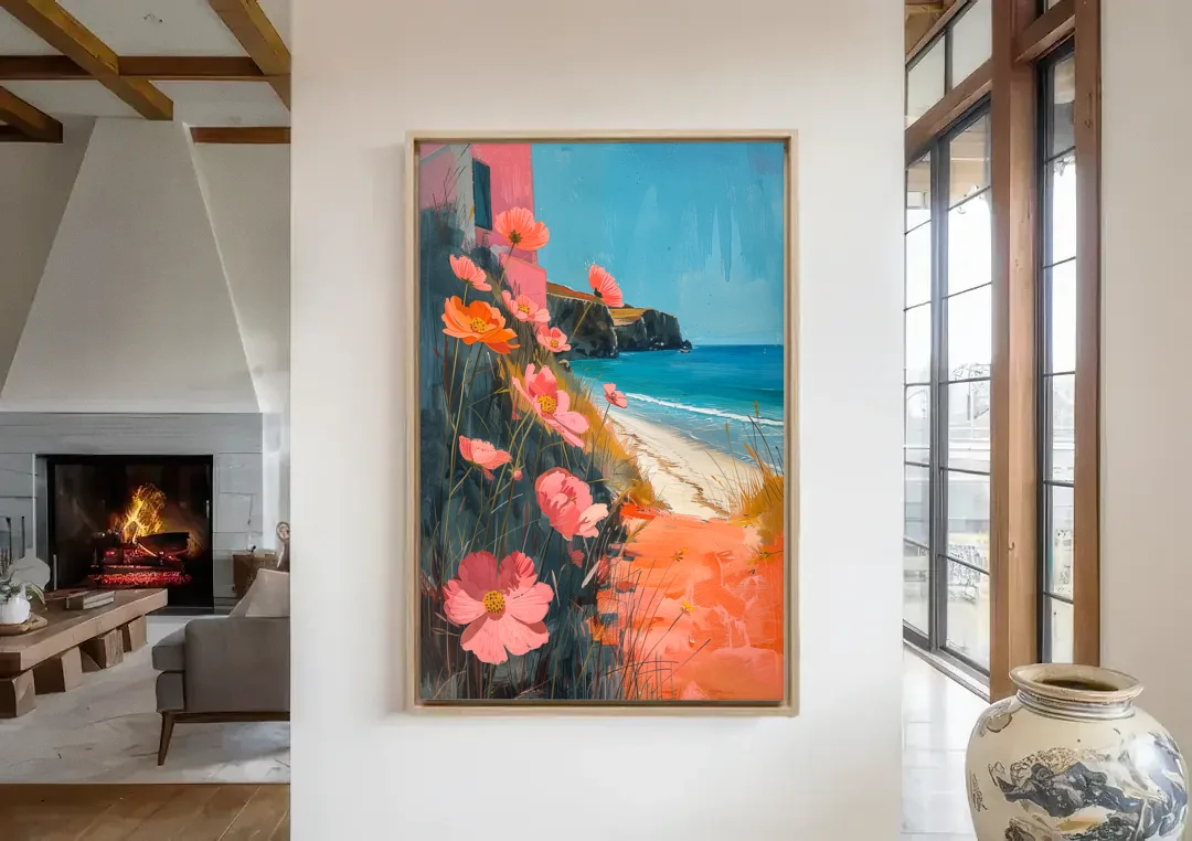 Beach Painting with Pink Cosmos Flowers canvas wall art in a living room with a fireplace