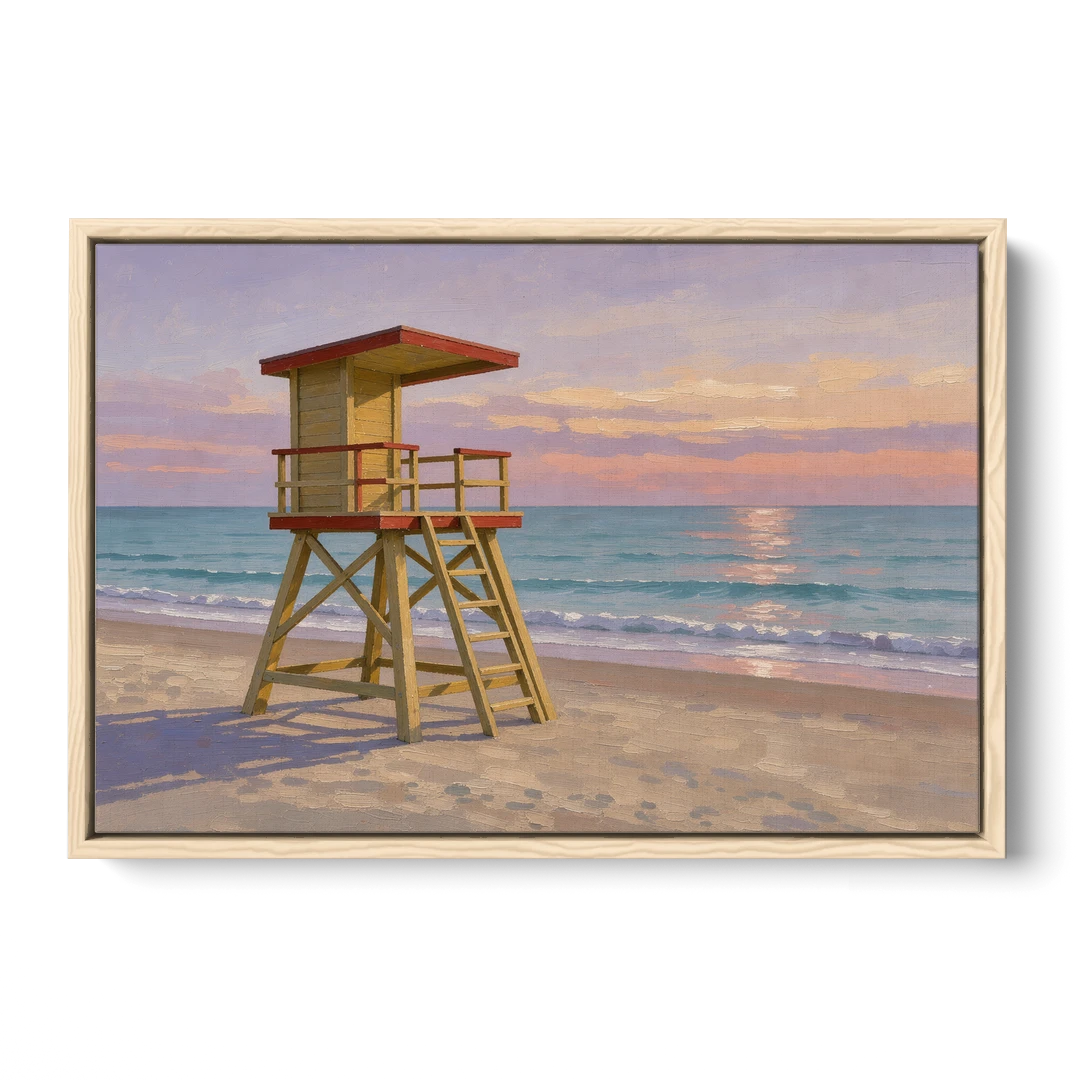 Beach Wall Art for Living Room with Lifeguard Stand - Oak Framed Canvas Wall Art - Front