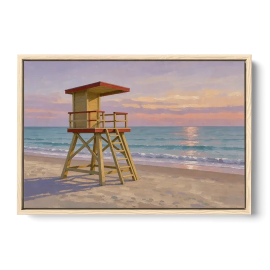 Beach Wall Art for Living Room with Lifeguard Stand - Oak Framed Canvas Wall Art - Front