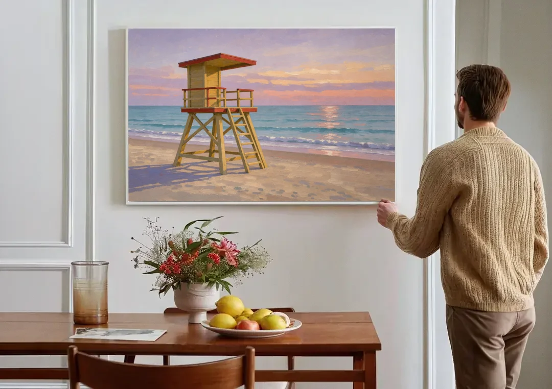 Beach Wall Art for Living Room with Lifeguard Stand canvas wall art above a dining table