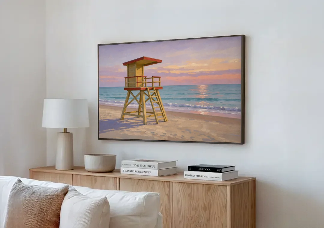 Beach Wall Art for Living Room with Lifeguard Stand canvas wall art above a wooden sideboard next to a sofa