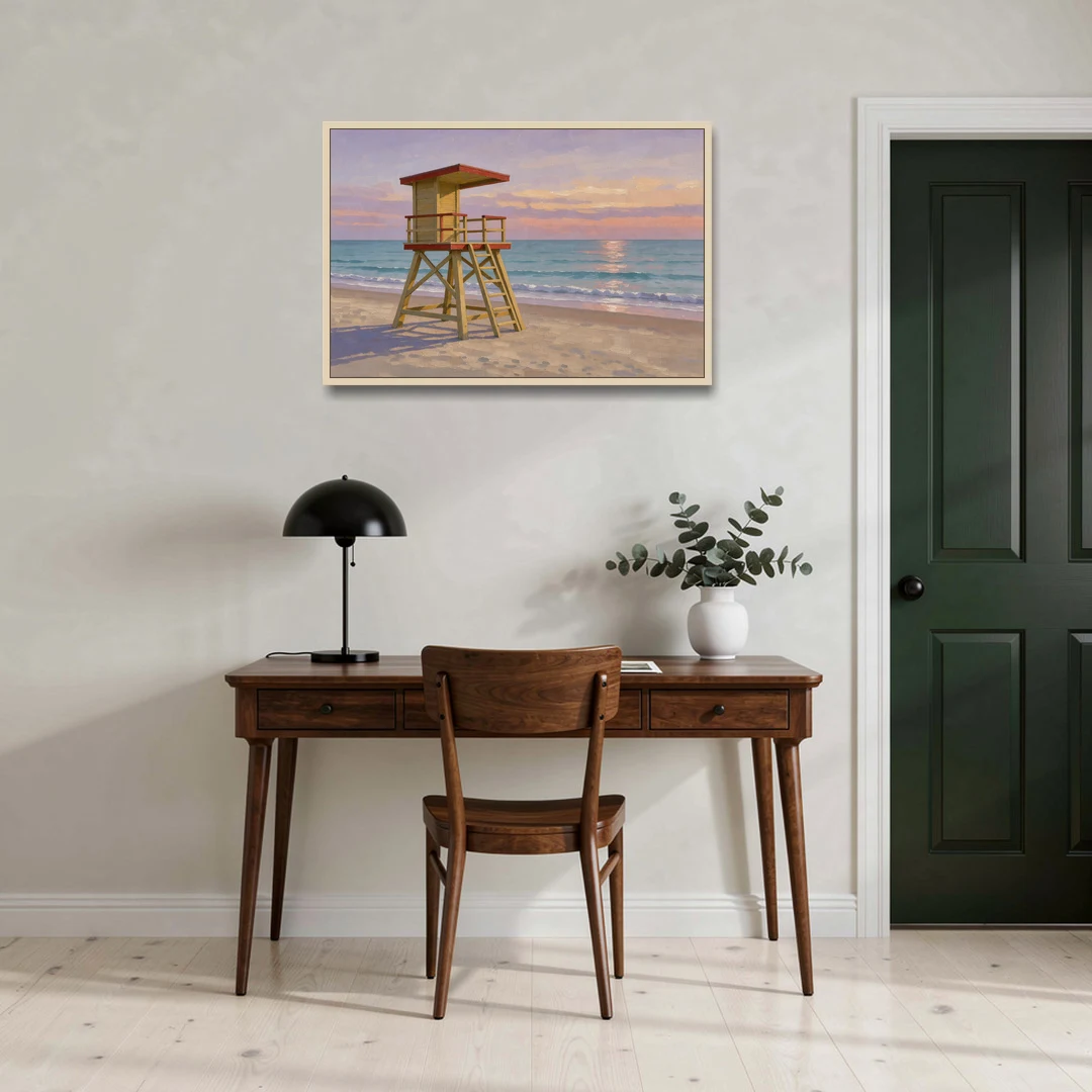Beach Wall Art for Living Room with Lifeguard Stand - Oak Framed Canvas Wall Art - Office - 36x24