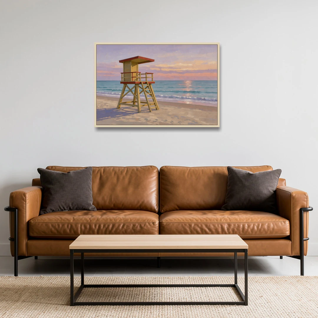 Beach Wall Art for Living Room with Lifeguard Stand - Oak Framed Canvas Wall Art - Sofa - 36x24
