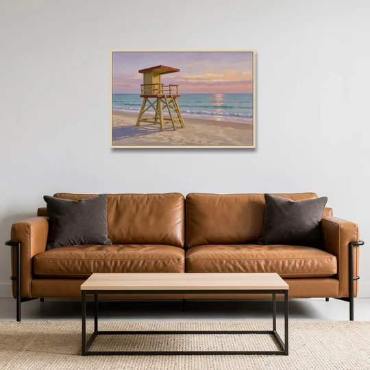 Beach Wall Art for Living Room with Lifeguard Stand - Oak Framed Canvas Wall Art - Sofa - 36x24