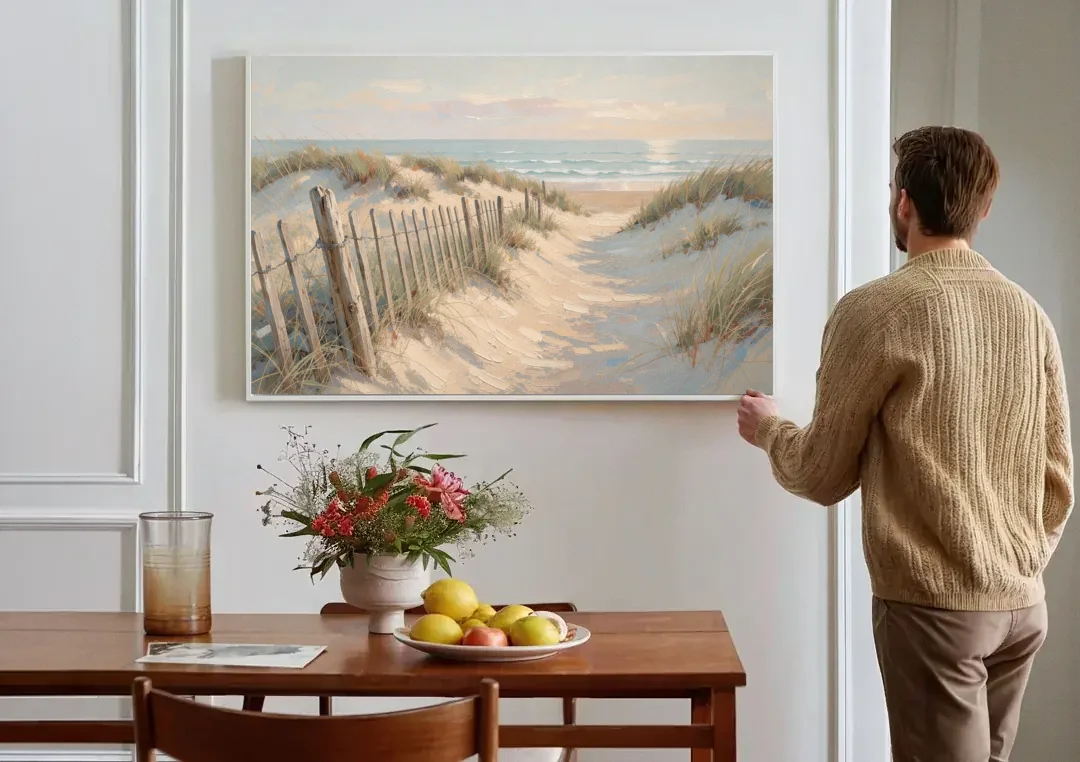 Beachy Wall Decor with a Weathered Dune Fence canvas wall art above a dining table