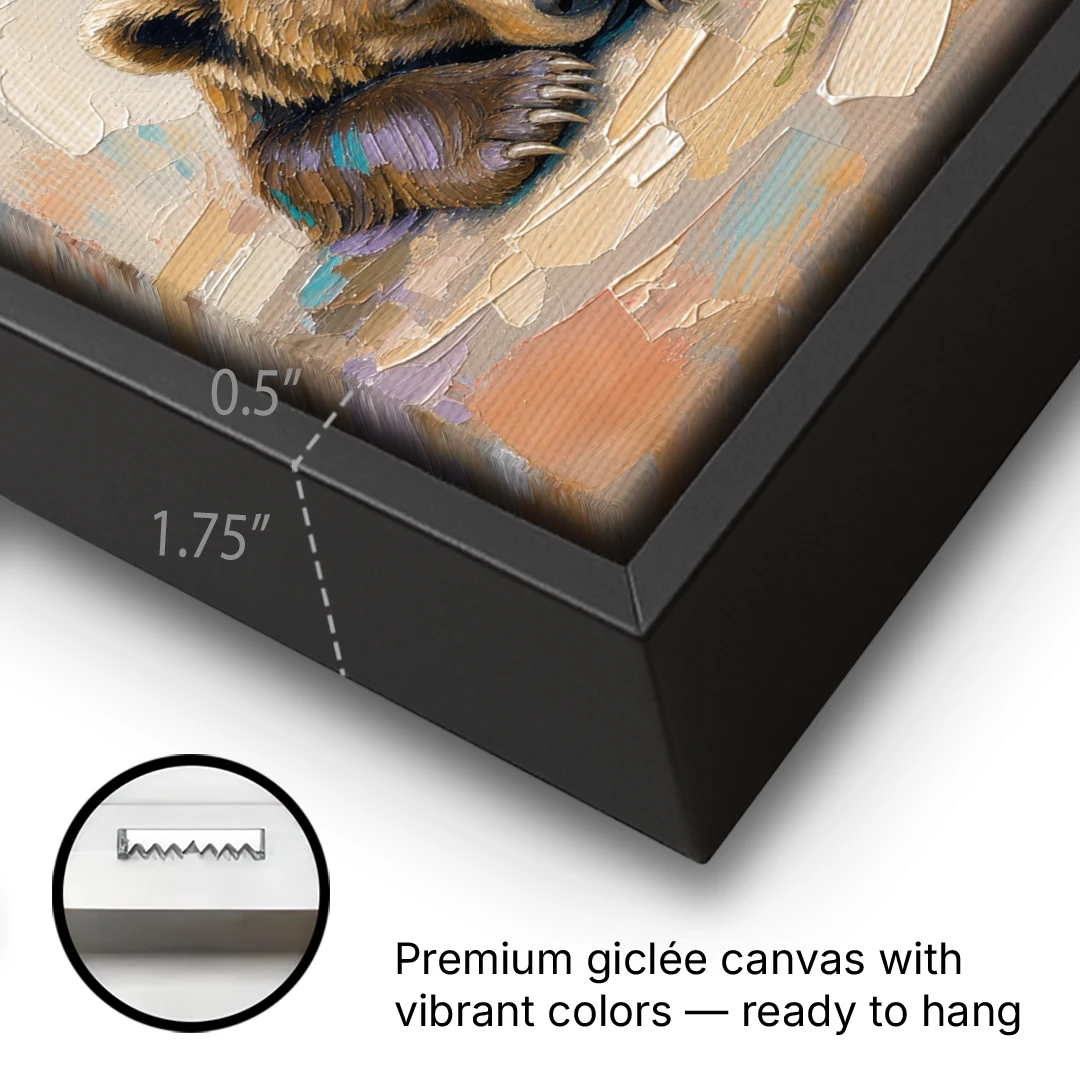 Bear Cub Painting Asleep on Its Paws - Black Framed Canvas Wall Art - Gallery Wrap Corner