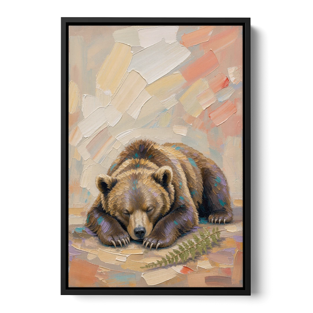 Bear Cub Painting Asleep on Its Paws - Black Framed Canvas Wall Art - Front