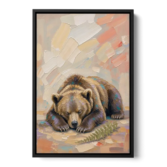 Bear Cub Painting Asleep on Its Paws - Black Framed Canvas Wall Art - Front