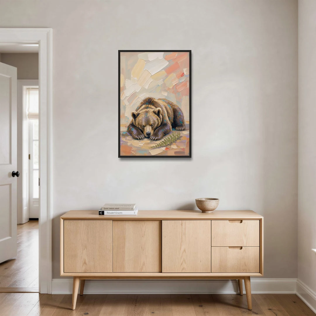 Bear Cub Painting Asleep on Its Paws - Black Framed Canvas Wall Art - Coffee Table - 24x36