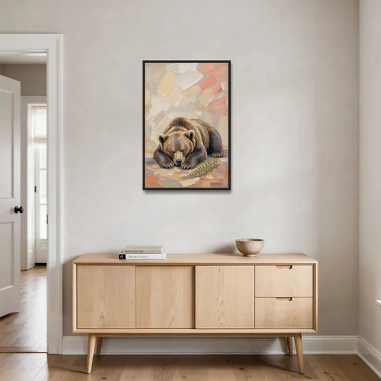 Bear Cub Painting Asleep on Its Paws - Black Framed Canvas Wall Art - Coffee Table - 24x36