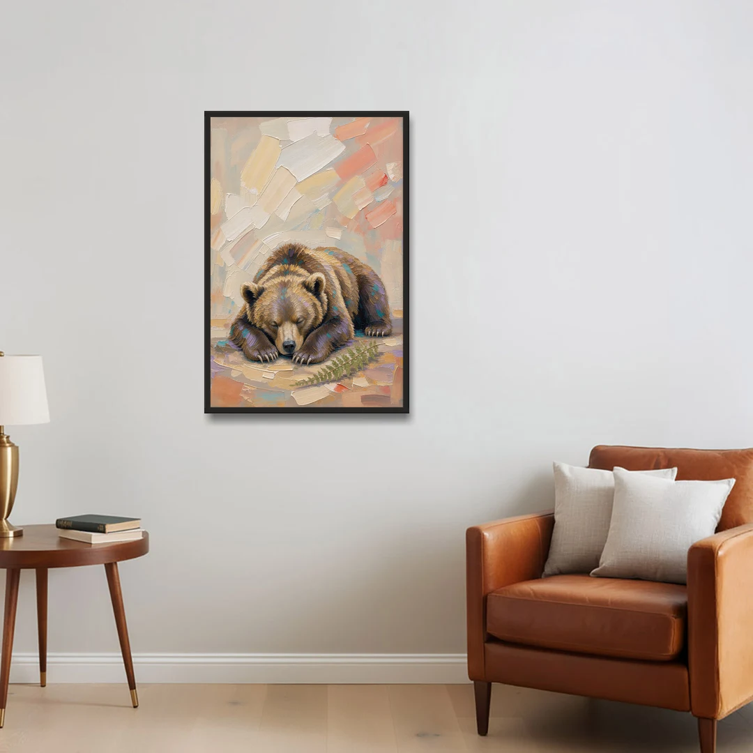 Bear Cub Painting Asleep on Its Paws - Black Framed Canvas Wall Art - Sofa - 24x36