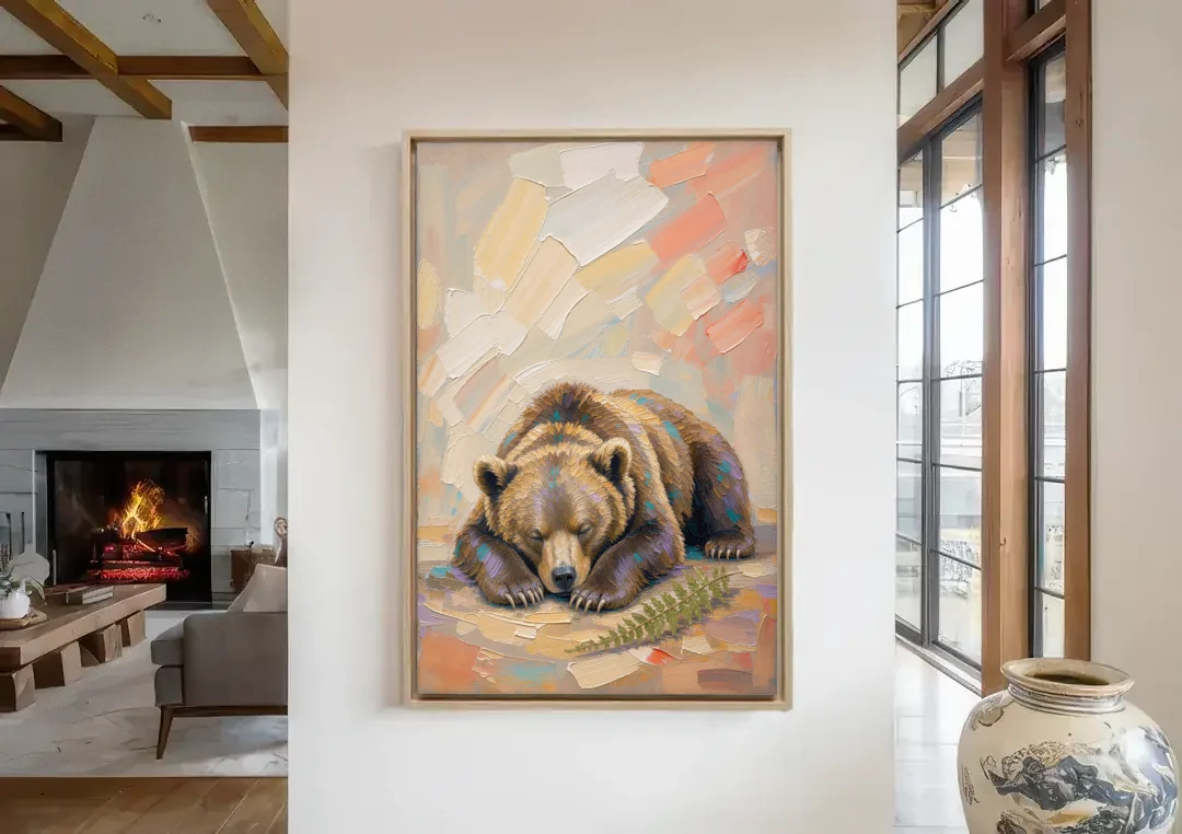 Bear Cub Painting Asleep on Its Paws canvas wall art in a living room with a fireplace