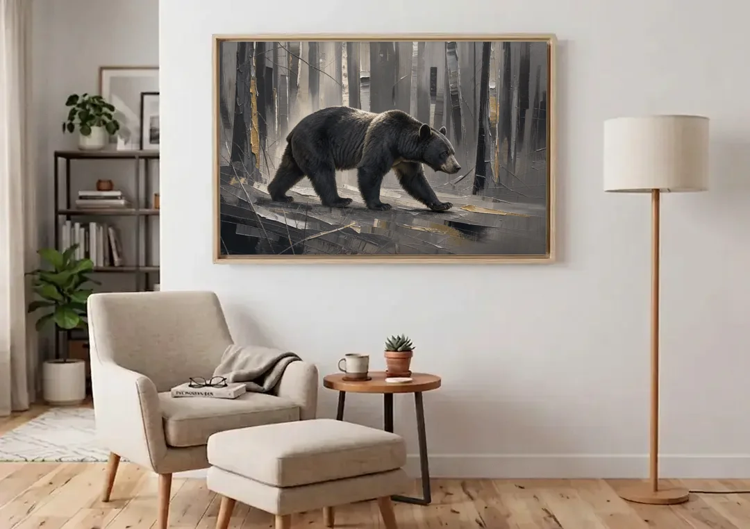 Bear Walking Through the Silver Woods canvas wall art above an armchair in a bright living room