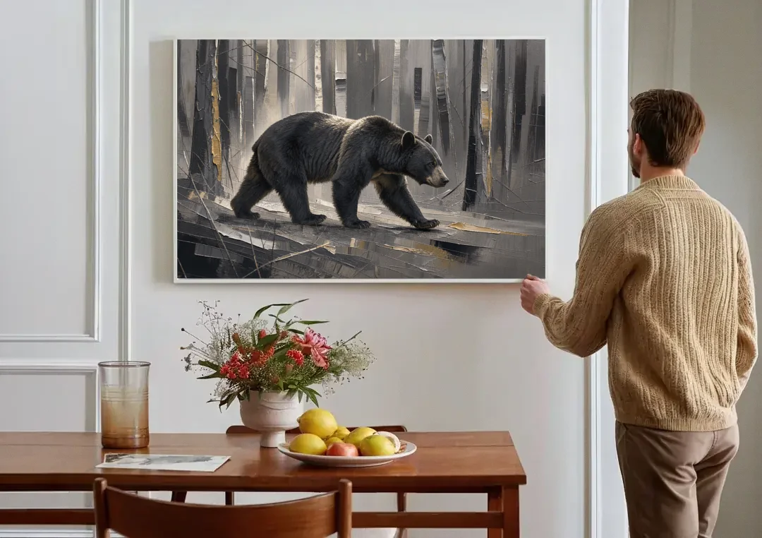 Bear Walking Through the Silver Woods canvas wall art above a dining table