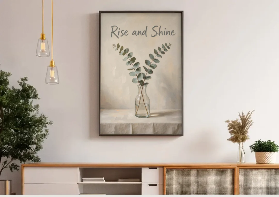 Bed and Breakfast Decor Rise and Shine Eucalyptus canvas wall art above a wooden sideboard under pendant lights