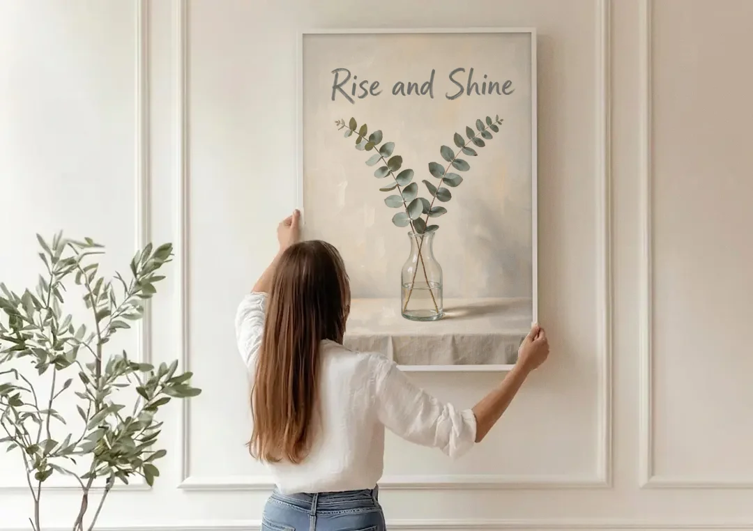 Bed and Breakfast Decor Rise and Shine Eucalyptus canvas wall art being hung on a paneled wall
