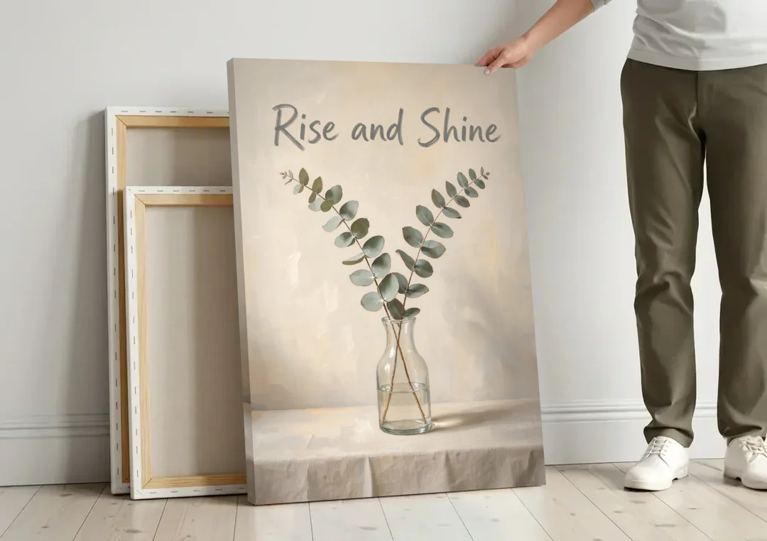 Bed and Breakfast Decor Rise and Shine Eucalyptus canvas wall art leaning against a wall next to blank canvases