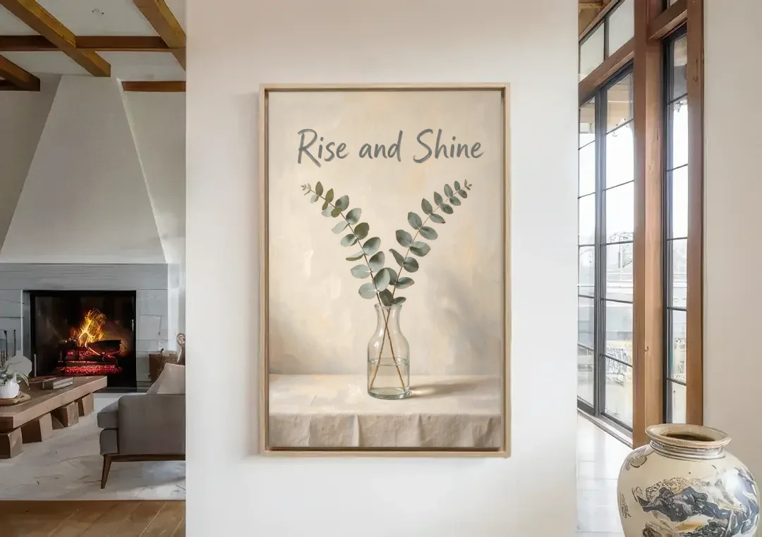 Bed and Breakfast Decor Rise and Shine Eucalyptus canvas wall art in a living room with a fireplace