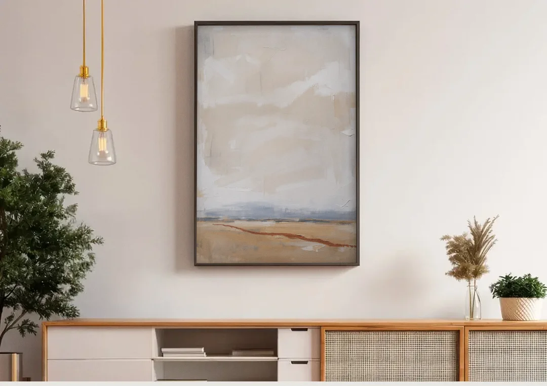 Bedroom Abstract Wall Art of Ochre Field canvas wall art above a wooden sideboard under pendant lights