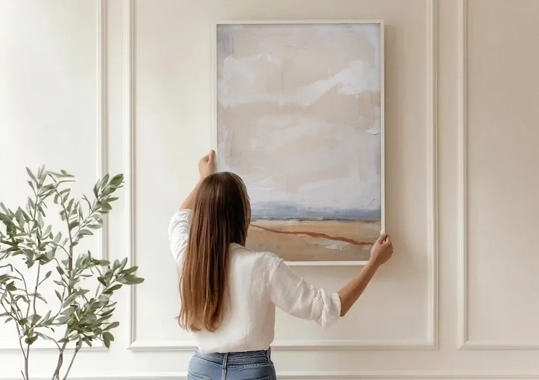 Bedroom Abstract Wall Art of Ochre Field canvas wall art being hung on a paneled wall