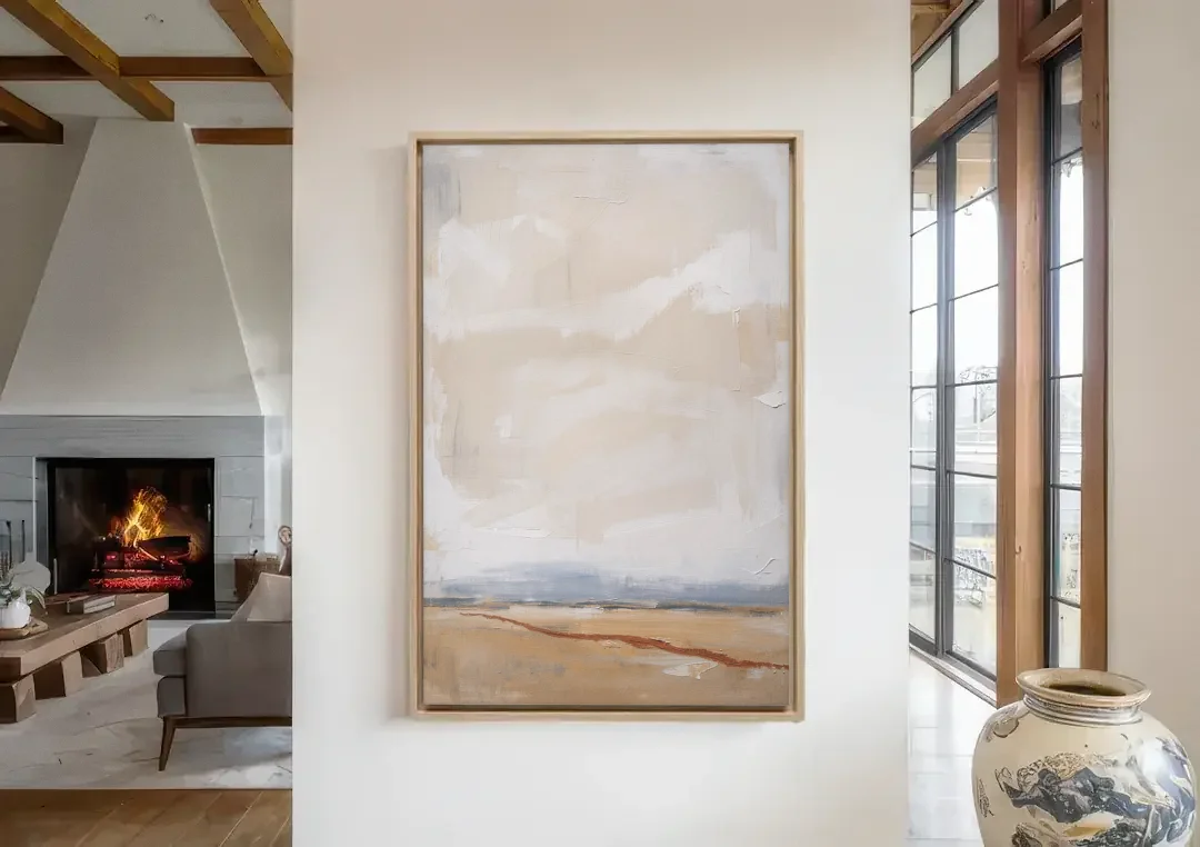 Bedroom Abstract Wall Art of Ochre Field canvas wall art in a living room with a fireplace