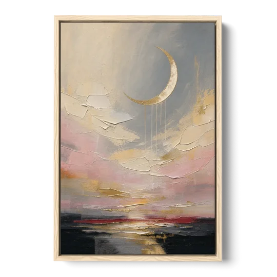Bedroom Wall Art Neutral Crescent Moon at Dusk - Oak Framed Canvas Wall Art - Front