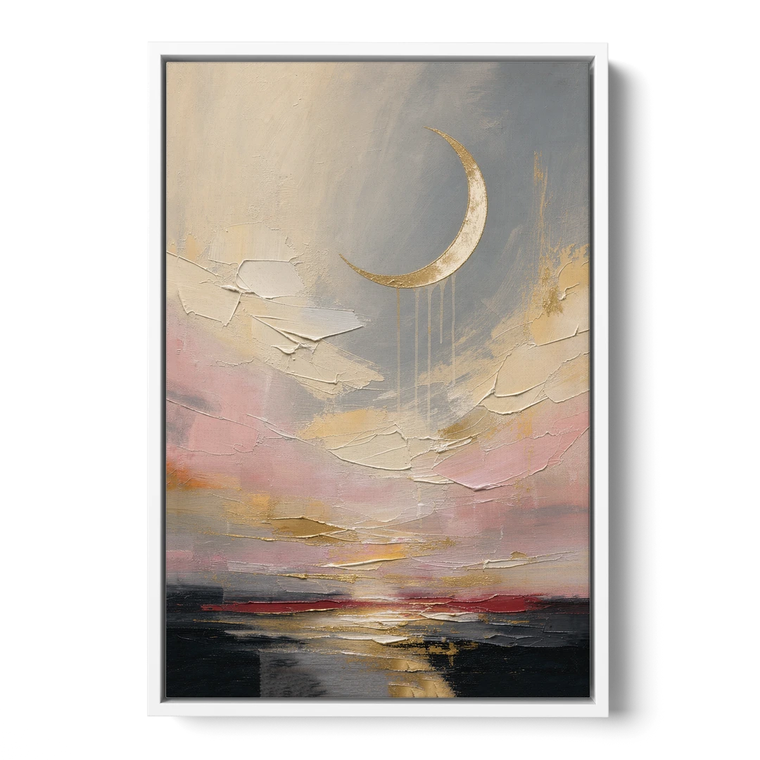 Bedroom Wall Art Neutral Crescent Moon at Dusk - White Framed Canvas Wall Art - Front