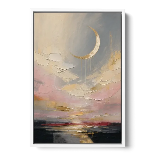 Bedroom Wall Art Neutral Crescent Moon at Dusk - White Framed Canvas Wall Art - Front