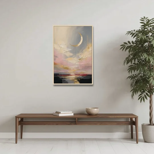 Bedroom Wall Art Neutral Crescent Moon at Dusk - Oak Framed Canvas Wall Art - Coffee Table - 24x36