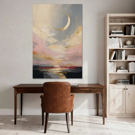 Bedroom Wall Art Neutral Crescent Moon at Dusk - Canvas Wall Art - Office - 40x60
