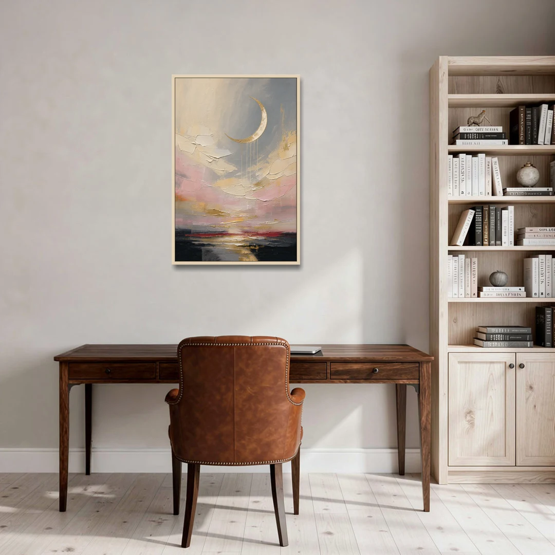 Bedroom Wall Art Neutral Crescent Moon at Dusk - Oak Framed Canvas Wall Art - Office - 24x36