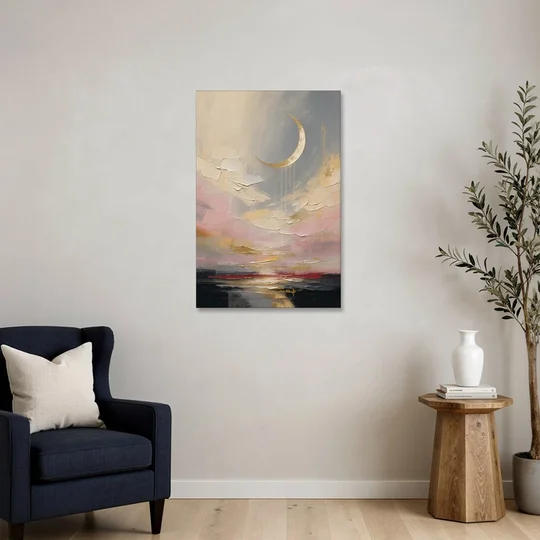 Bedroom Wall Art Neutral Crescent Moon at Dusk - Canvas Wall Art - Sofa - 24x36