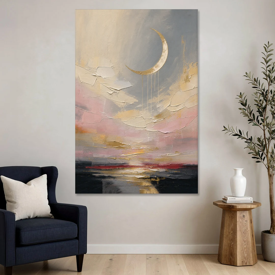 Bedroom Wall Art Neutral Crescent Moon at Dusk - Canvas Wall Art - Sofa - 40x60