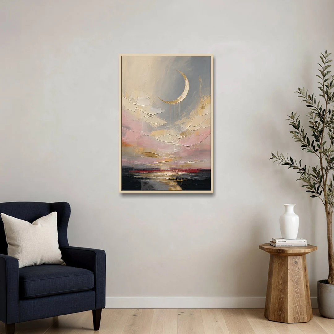 Bedroom Wall Art Neutral Crescent Moon at Dusk - Oak Framed Canvas Wall Art - Sofa - 24x36