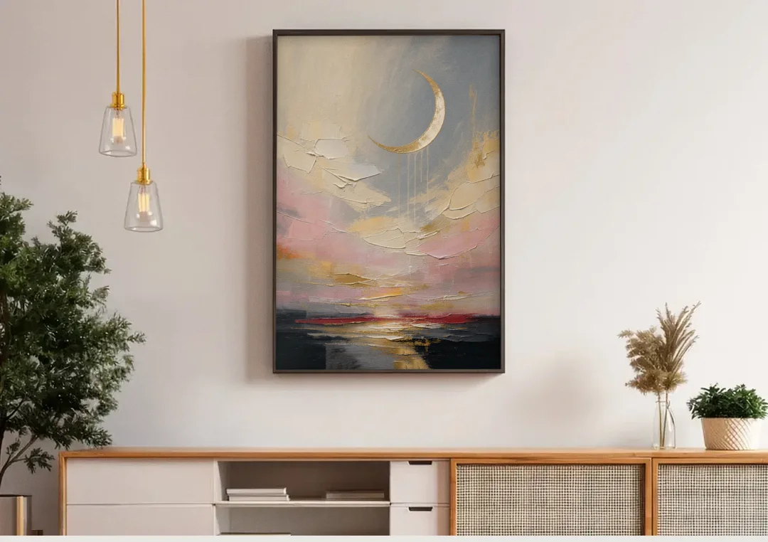 Bedroom Wall Art Neutral Crescent Moon at Dusk canvas wall art above a wooden sideboard under pendant lights