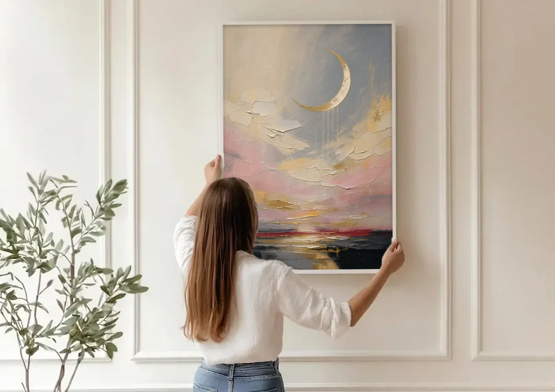 Bedroom Wall Art Neutral Crescent Moon at Dusk canvas wall art being hung on a paneled wall