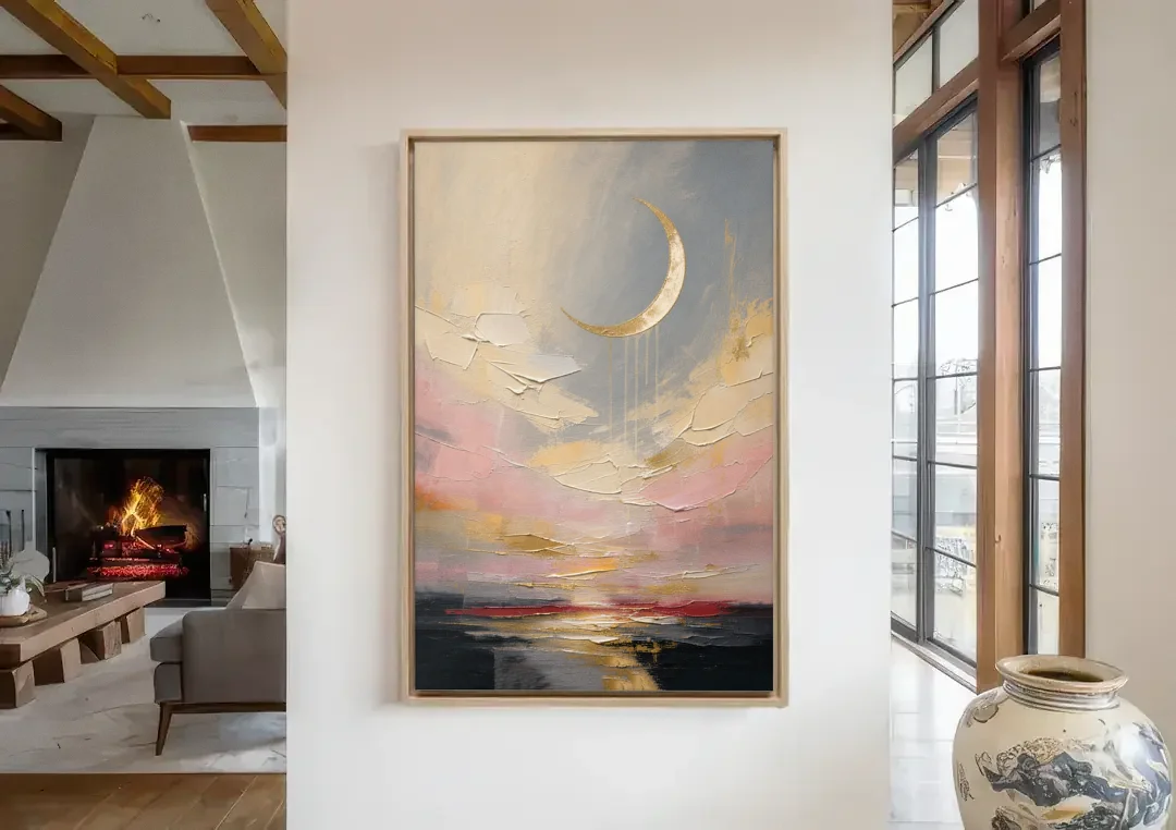 Bedroom Wall Art Neutral Crescent Moon at Dusk canvas wall art in a living room with a fireplace