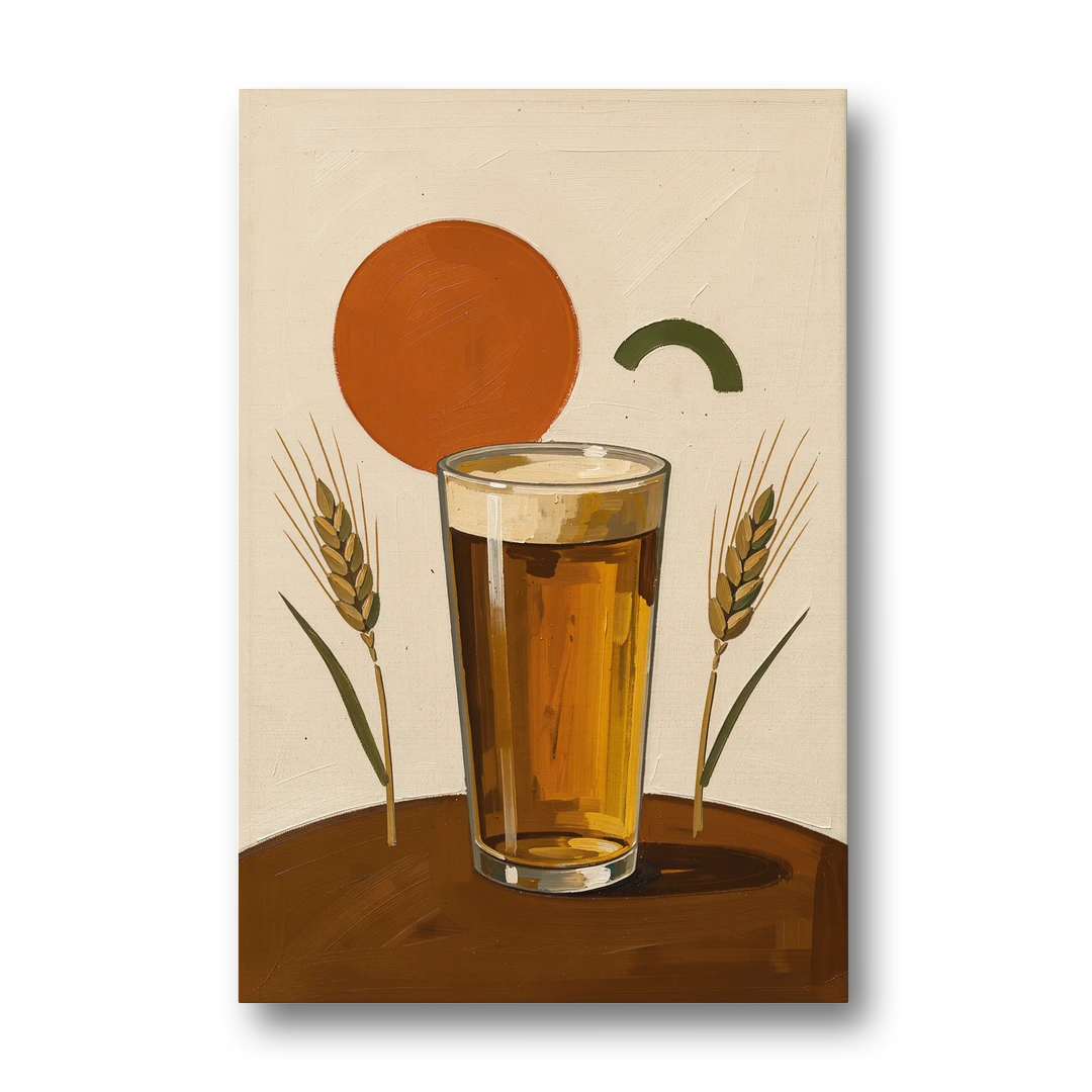 Beer Art Amber Pint with Barley Stems - Canvas Wall Art - Front