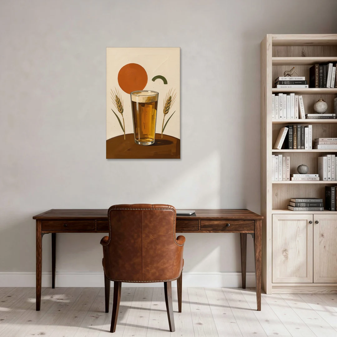Beer Art Amber Pint with Barley Stems - Canvas Wall Art - Office - 24x36
