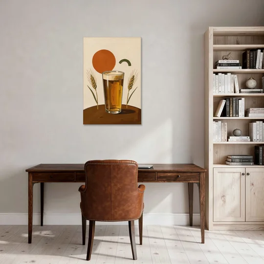 Beer Art Amber Pint with Barley Stems - Canvas Wall Art - Office - 24x36