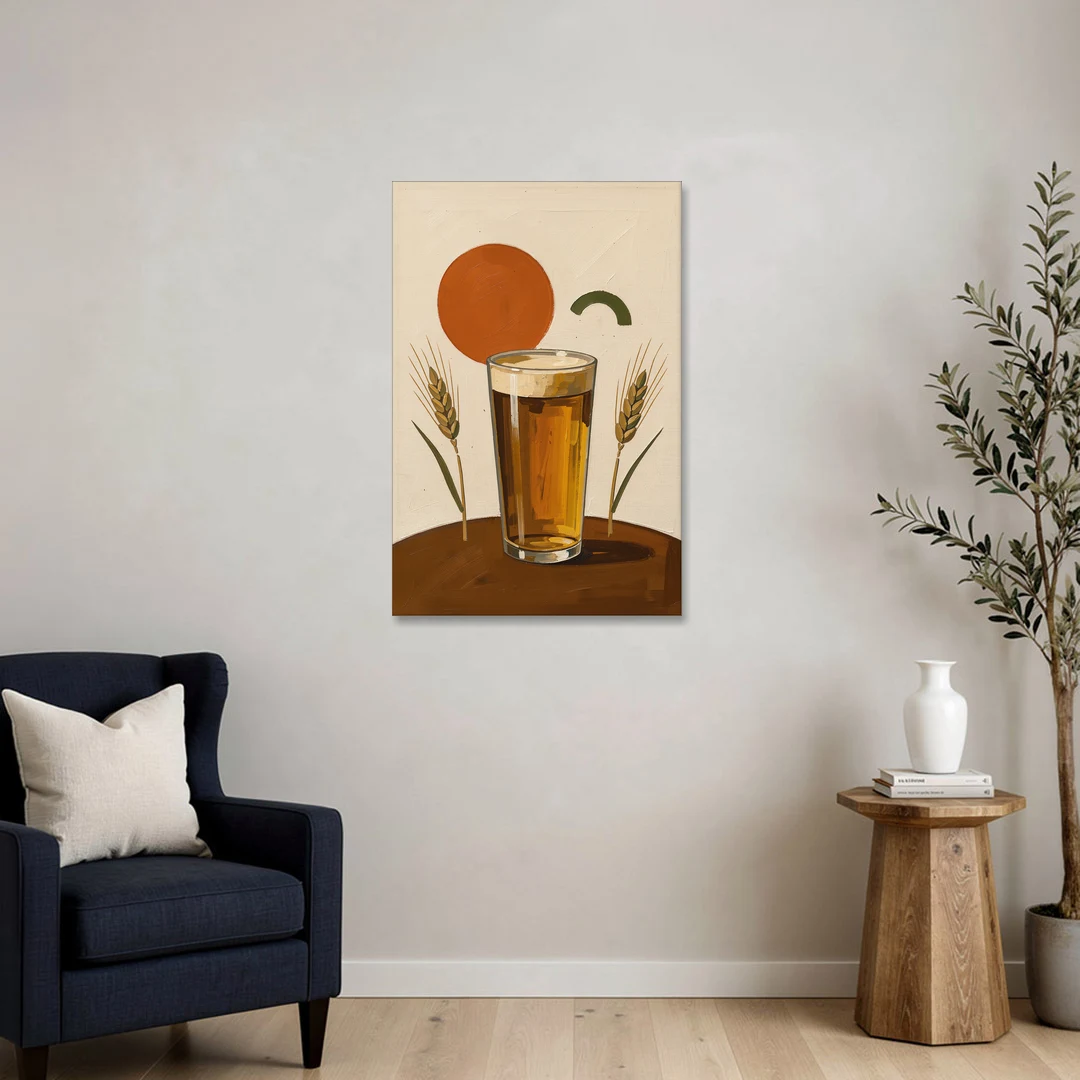 Beer Art Amber Pint with Barley Stems - Canvas Wall Art - Sofa - 24x36