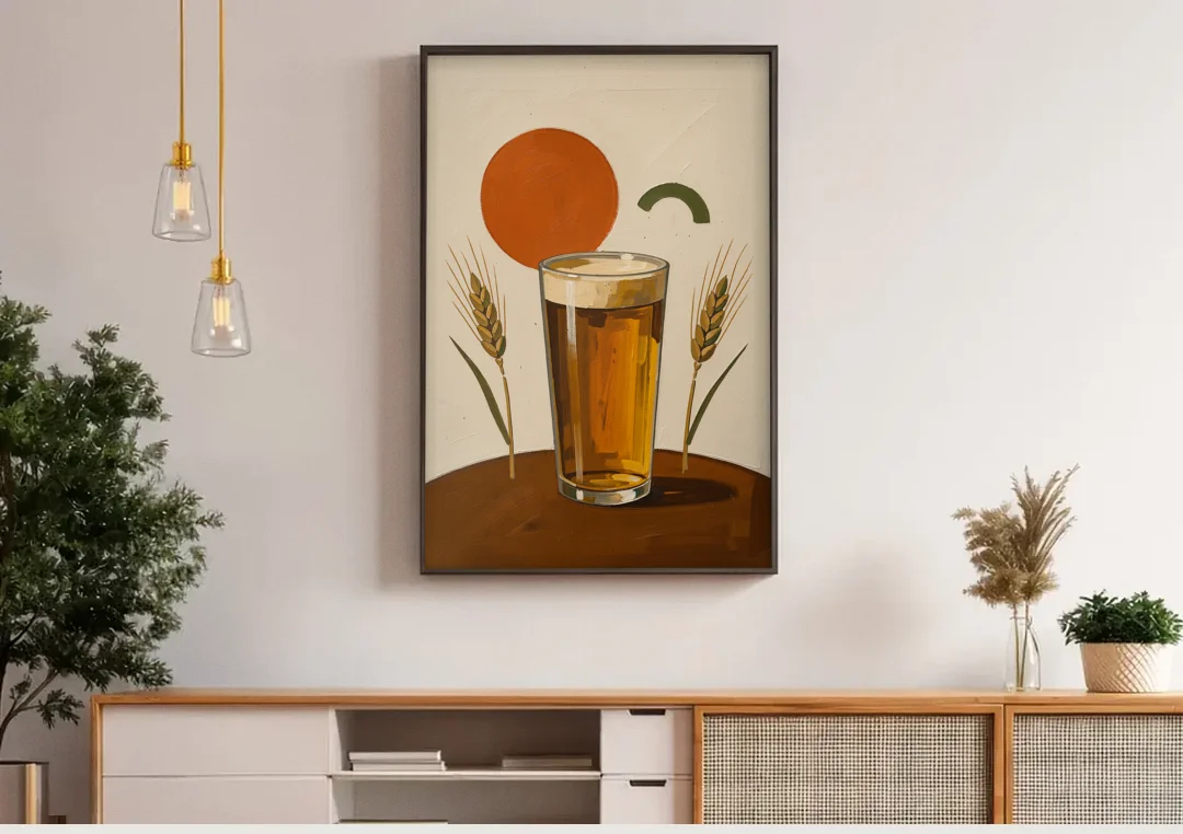 Beer Art Amber Pint with Barley Stems canvas wall art above a wooden sideboard under pendant lights