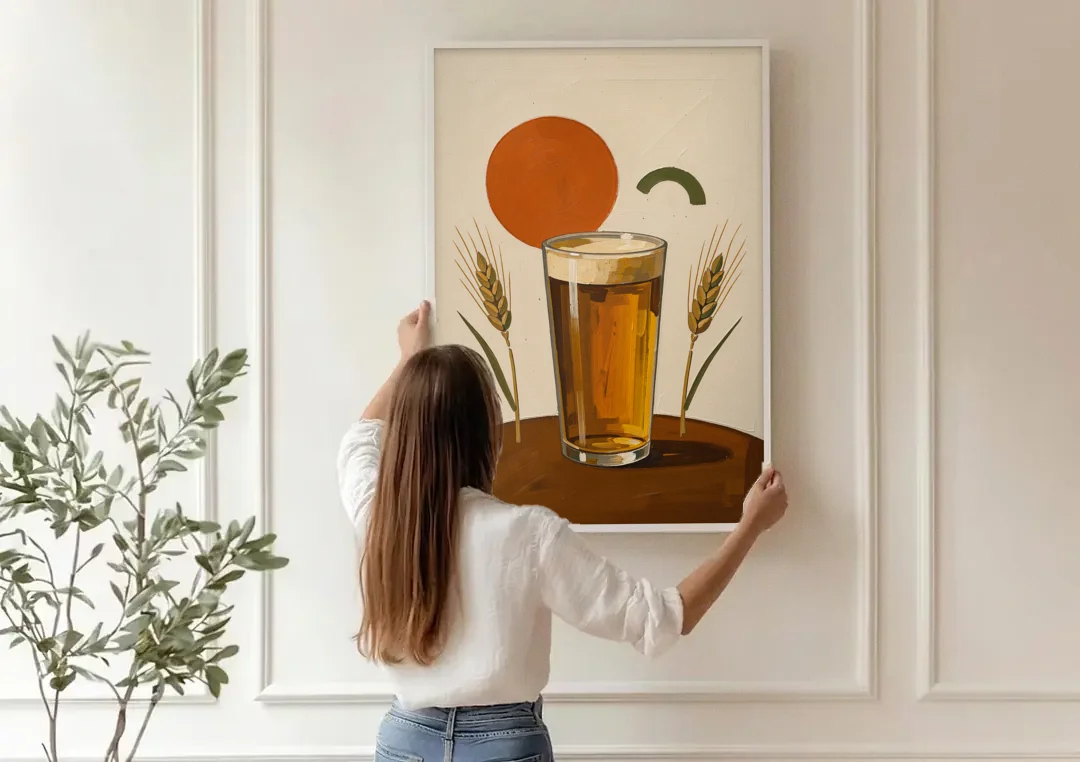Beer Art Amber Pint with Barley Stems canvas wall art being hung on a paneled wall