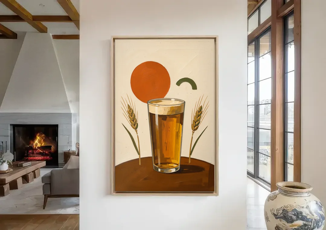 Beer Art Amber Pint with Barley Stems canvas wall art in a living room with a fireplace