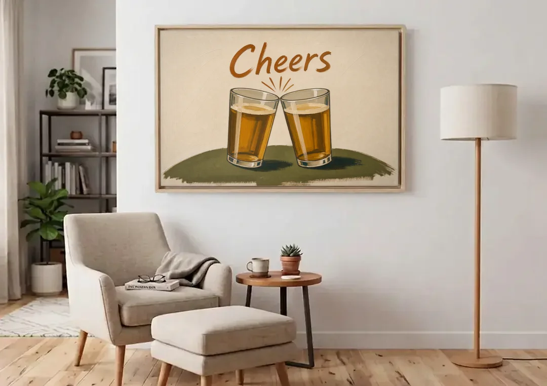 Beer Poster Cheers with Two Pint Glasses canvas wall art above an armchair in a bright living room