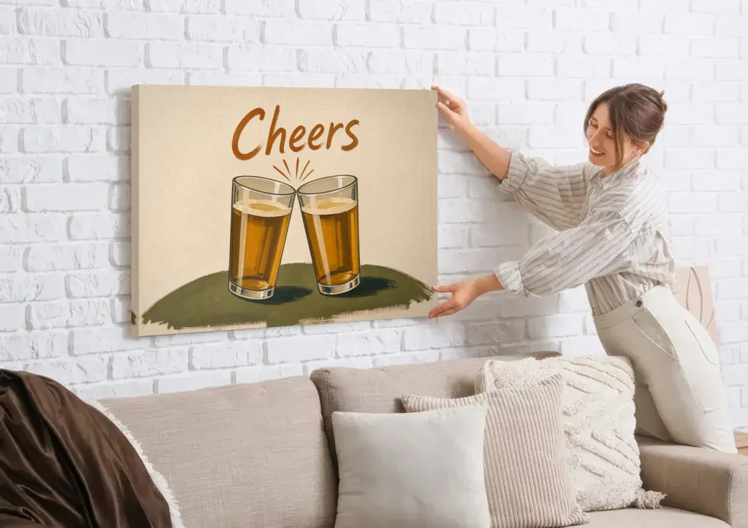 Beer Poster Cheers with Two Pint Glasses canvas wall art being hung on a white brick wall above a sofa