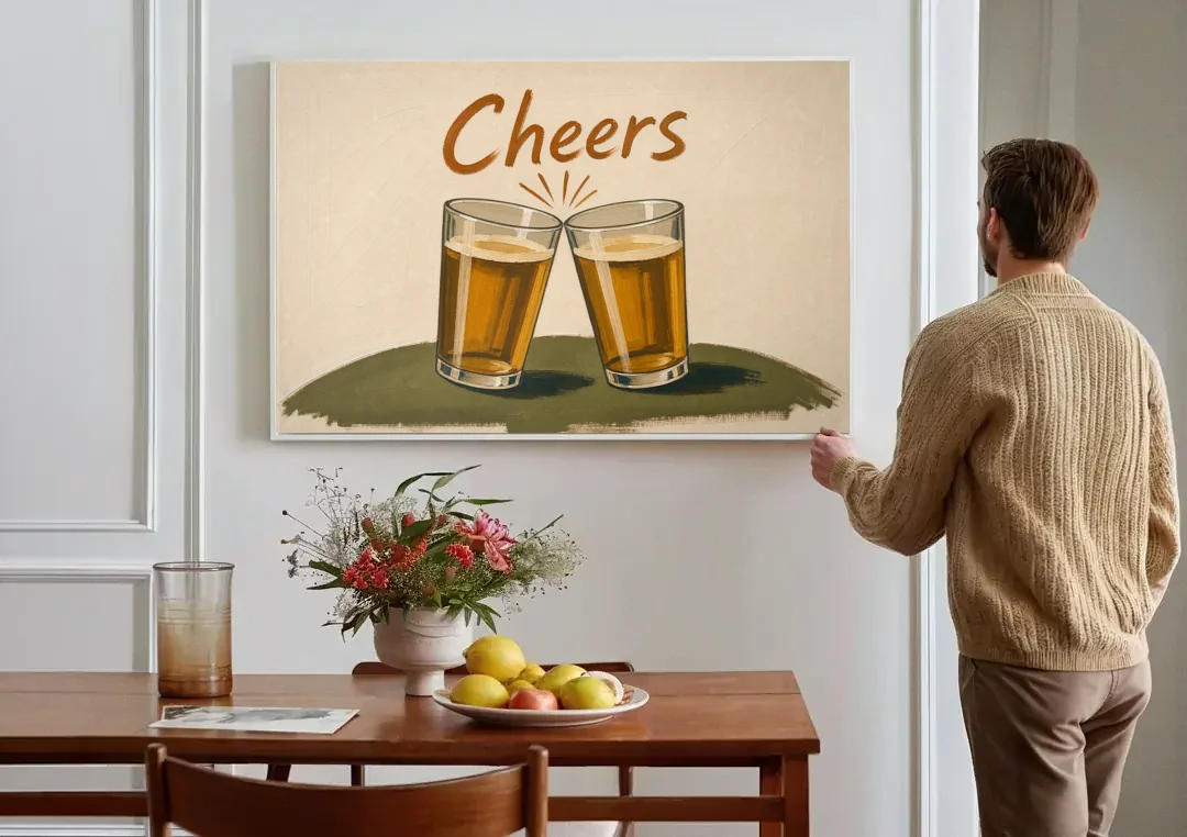 Beer Poster Cheers with Two Pint Glasses canvas wall art above a dining table