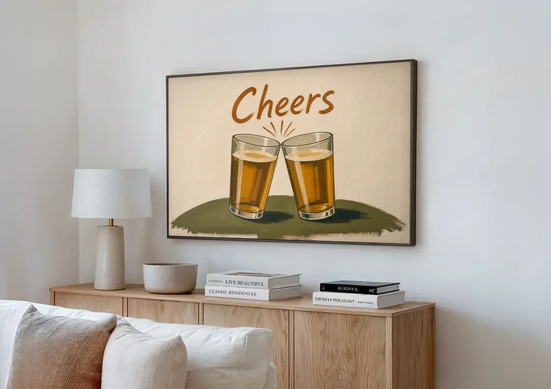 Beer Poster Cheers with Two Pint Glasses canvas wall art above a wooden sideboard next to a sofa